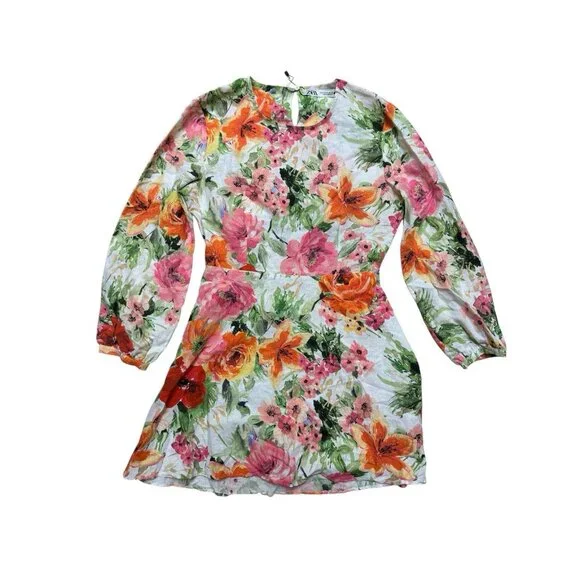 Zara Linen Blend Floral Cutout Back Dress Size M NWOT - Picture 3 of 5
